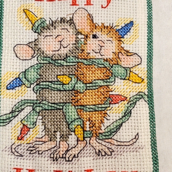 Cross Stitch Christmas Banner Mice Wrapped in Lights Dimensions Happy Holidays - Picture 3 of 6
